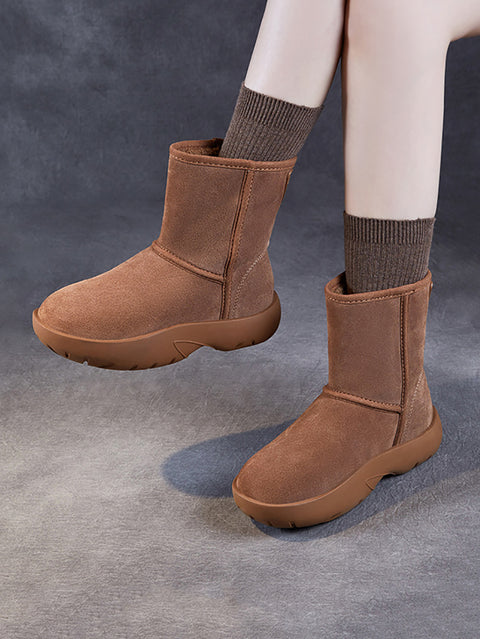 Women Winter Warm Fleece-lined Leather Low Heel Snow Boots