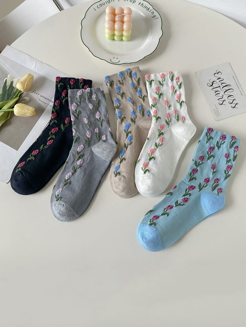 5 Pairs Women Tulip Jacquard Cotton Socks