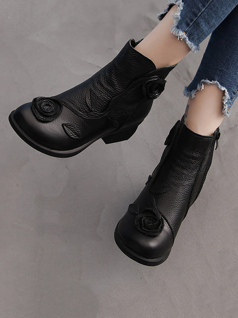 Konur Retro Flower Leather Solid Mid-Heel Boots