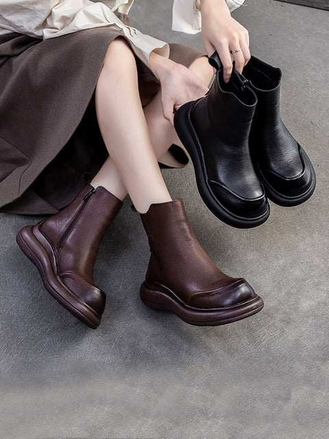 Botas femininas casuais de inverno com zíper de couro de salto médio