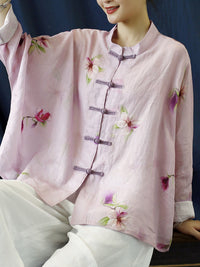 Thumbnail for Plus Size Women Vintage Flower Pink Spring Ramie Shirt Coat