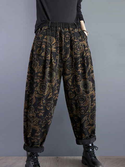 Dame Retro Flower Vinter Fleece-fôret Harem Pants