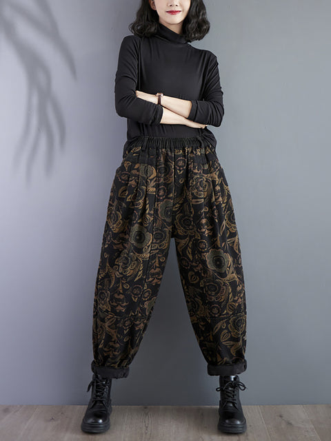 Dame Retro Flower Vinter Fleece-fôret Harem Pants