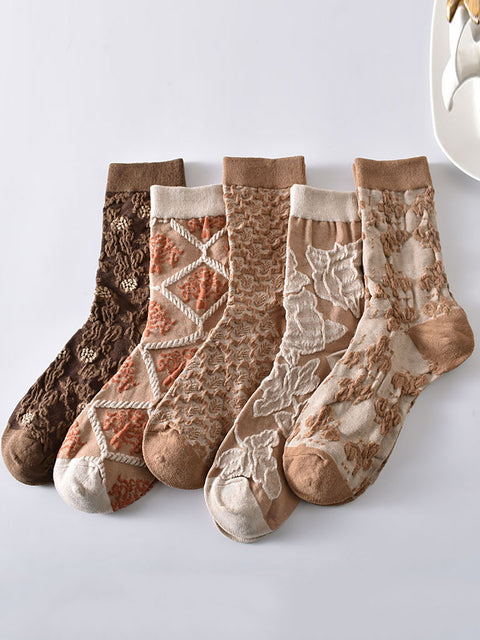 5 paires de chaussettes en coton jacquard à losanges et fleurs artistiques