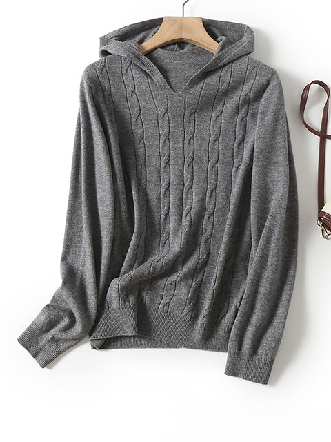 Dam Casual Vinter Solid Twist Hooded Wool Sweater