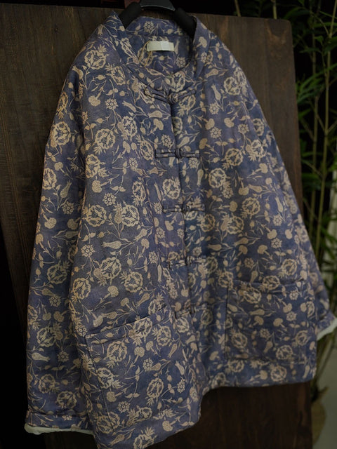 Manteau matelassé d'hiver en lin à imprimé floral ethnique pour femme