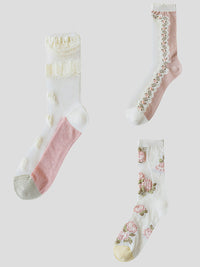 Thumbnail for 3 Pairs Women Elegant Flower Lace Spliced Thin Socks