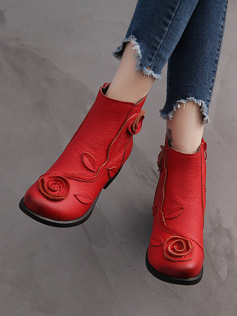 Konur Retro Flower Leather Solid Mid-Heel Boots