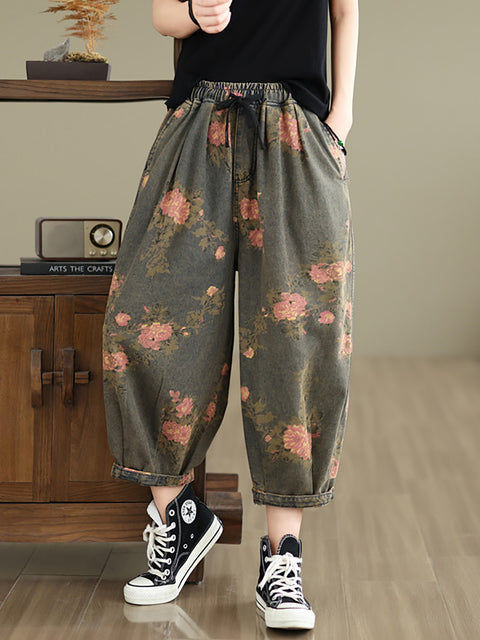 Dames Zomer Retro Bloemen Denim Losse Broek