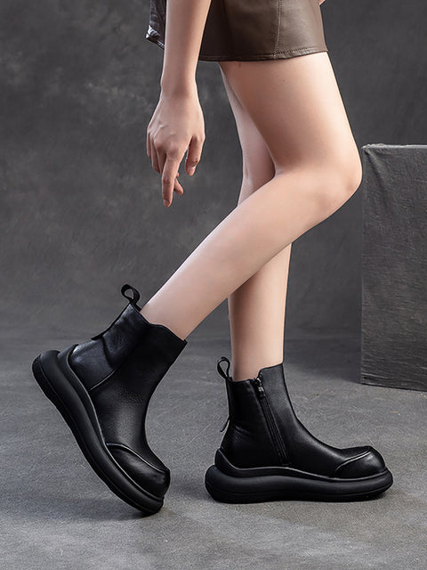 Botas femininas casuais de inverno com zíper de couro de salto médio