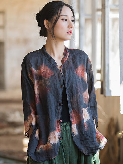 Women Retro Summer Button Flower Print Shirt