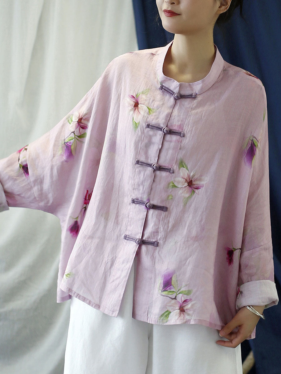 Plus Size Women Vintage Flower Pink Spring Ramie Shirt Coat