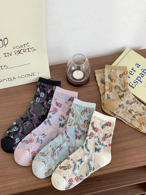 Lot de 5 paires de chaussettes en jacquard à imprimé floral et blocs de couleurs pour femme