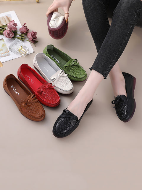 Kvinnor Sommar Casual Solid Soft Leather Weave Flat Shoes