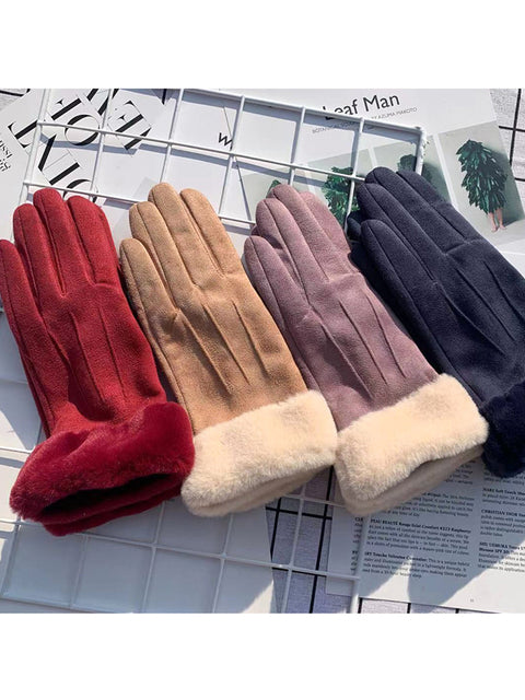 Women Winter Warm Suede Plush Windproof Gloves