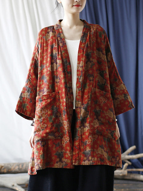 Vrouwen Etnische Bloemen V-hals Zak Cardigan Jas