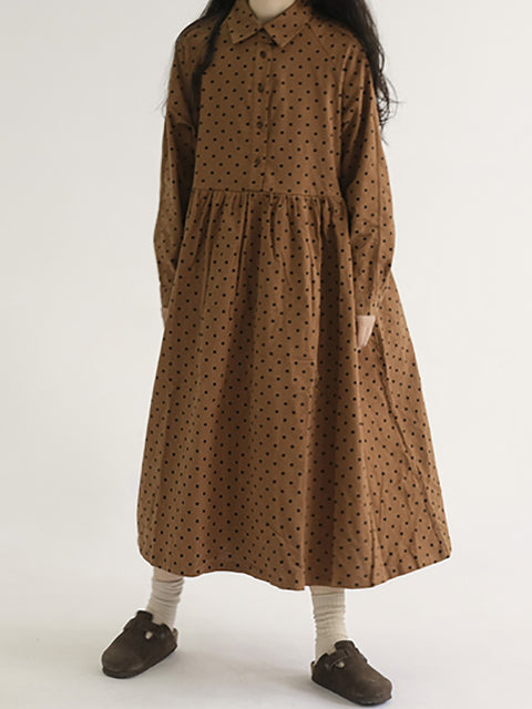 Robe Vintage à Manches Longues Plissée à Pois pour Femmes de Grande Taille