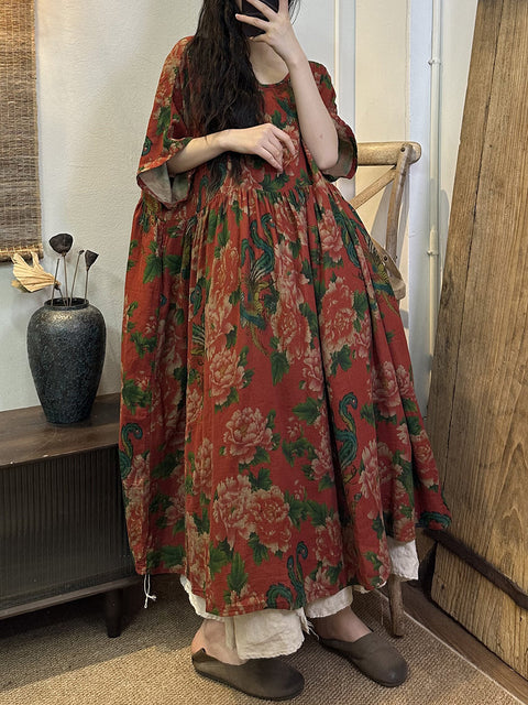 Plus Size Kvinnor Sommar Vintage Blommig Pleat Lös Klänning