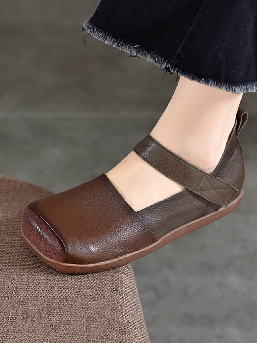 Women Vintage Summer Leather Colorblock Flat Shoes