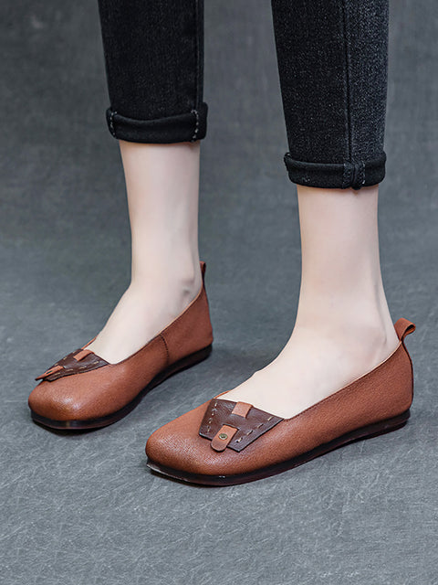 Women Summer Ethnic Colorblock Leahter Soft Flat Shoes