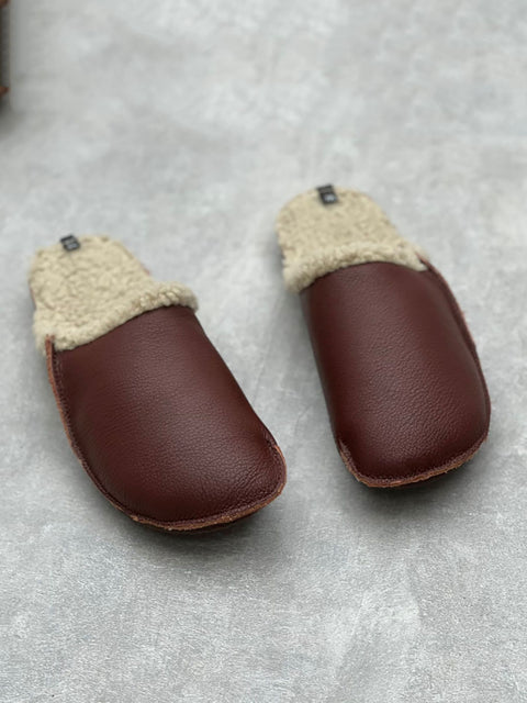 Chaussons plats doublés de polaire en cuir vintage pour femmes