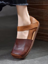 Thumbnail for Women Vintage Summer Leather Colorblock Flat Shoes