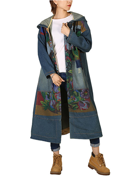 Women Vintage Flower Patch Spliced Deim Hooded Coat