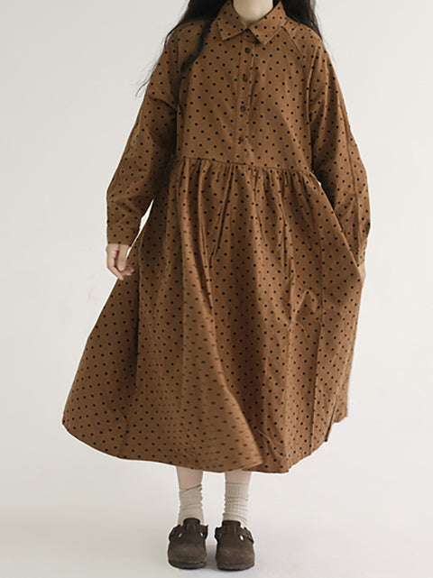 Plus Size Dam Vintage Dot Pleat Långärmad Klänning