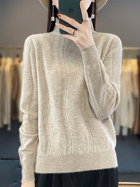 Women Autumn Half-Turtleneck Knit 100%Wool Sweater