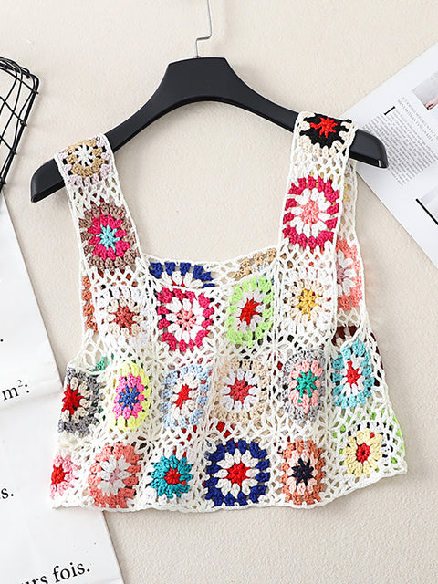 Gilet lavorato a maglia fatto a mano con fiori estivi artistici da donna