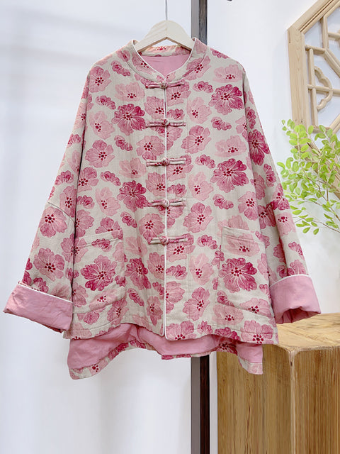 Dames retro bloemenprint roze gewatteerde jas