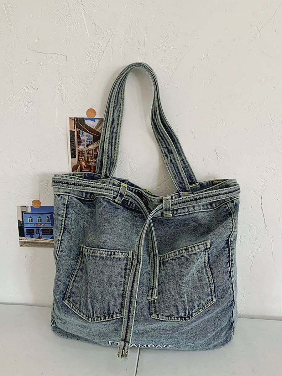 Women Vintage Solid Pocket Denim Handbag Shoulder Bag