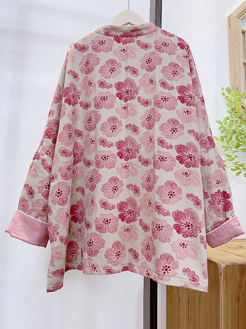 Cappotto imbottito rosa con stampa floreale retrò da donna