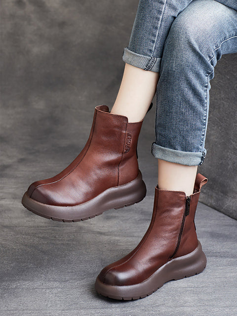 Bottes à plateforme zippées en cuir véritable vintage pour femmes