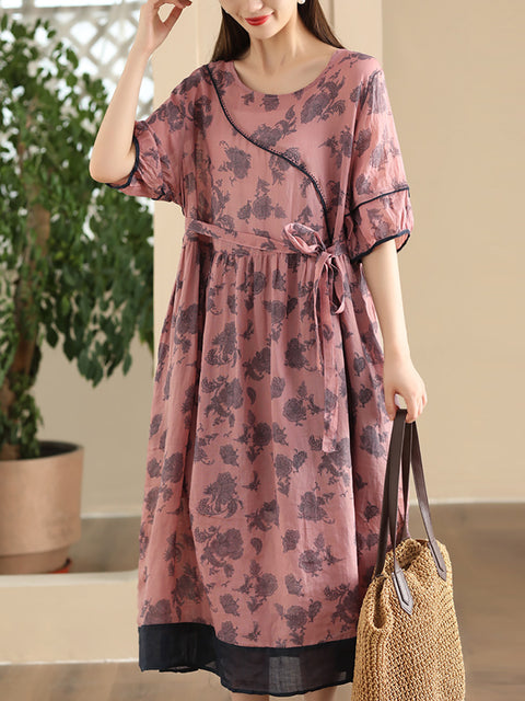 Dame Summer Vintage Flower Spleised Strap Ramie Dress