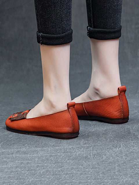 Women Summer Ethnic Colorblock Leahter Soft Flat Shoes