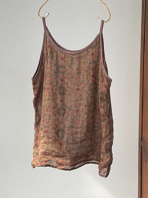 Plus Size Vrouwen Zomer Vintage Bloem Ramie Dun Vest