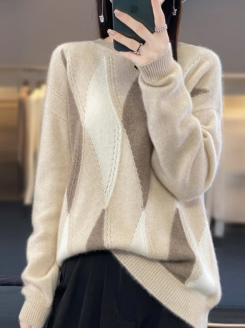 Women Autumn Warm Rhomboids Knit 100%Wool O-Neck Sweater