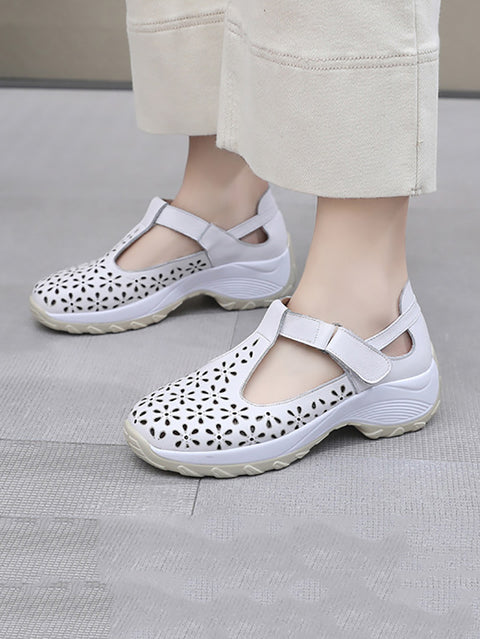 Dames zomer effen leren cutout platform schoenen