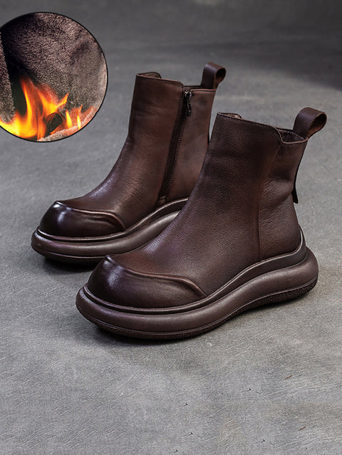 Botas de tacón medio de piel con cremallera para mujer, informales, de invierno