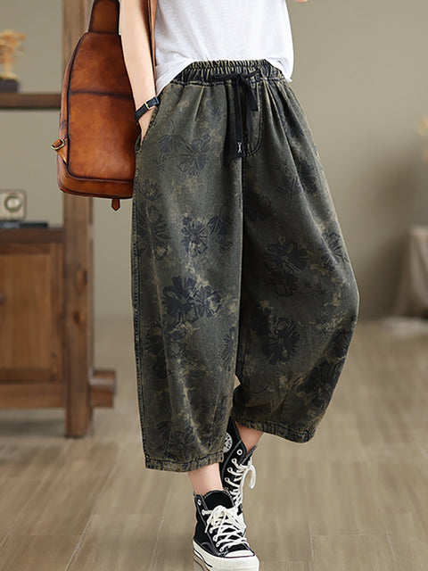 Dames Zomer Retro Bloemen Denim Losse Broek