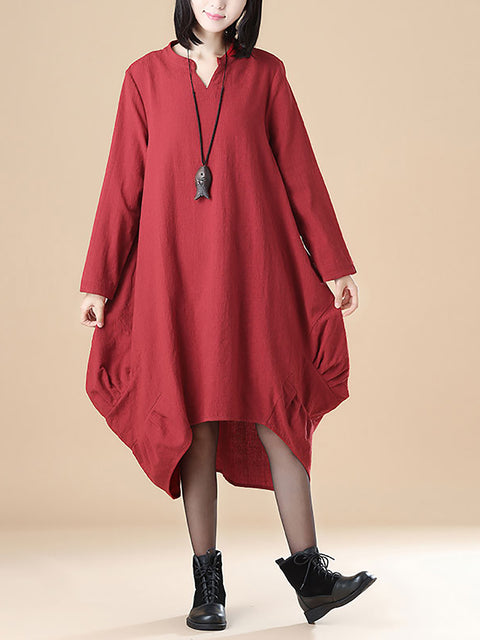 Plus- Size Cotton Long Sleeve Loose Casual Red Dress For Women