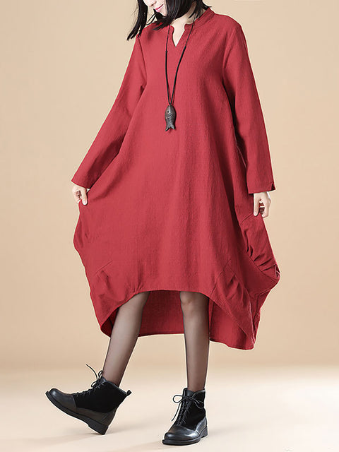 Robe rouge décontractée ample à manches longues en coton de grande taille pour les femmes