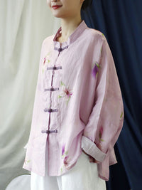 Thumbnail for Plus Size Women Vintage Flower Pink Spring Ramie Shirt Coat