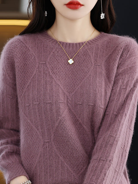 Women Autumn O-Neck Rhomboid 100%Wool Soft Sweater