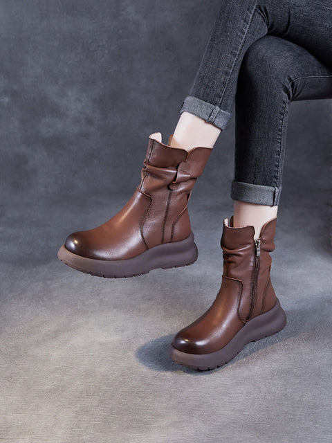 Women Winter Genuine Leather Spliced Low Heel Boots