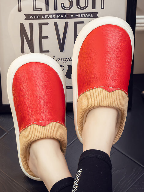 Winter Couple Leather Spliced Plush Flat Slippers