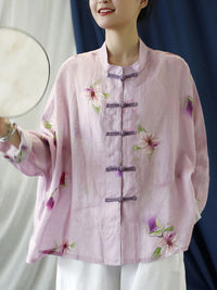 Thumbnail for Plus Size Women Vintage Flower Pink Spring Ramie Shirt Coat