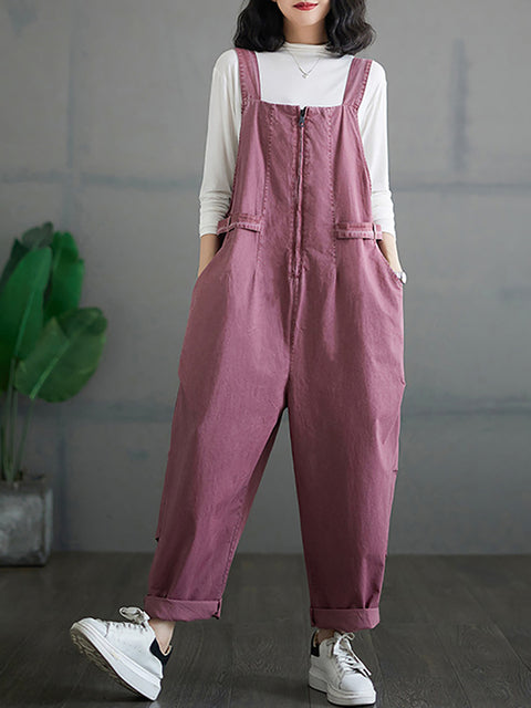 Kvinnor Höst Vintage Dragkedja Casual Lösa Solid Jumpsuits