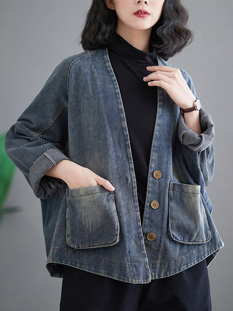 Cappotto corto da donna in denim primaverile lavato retrò